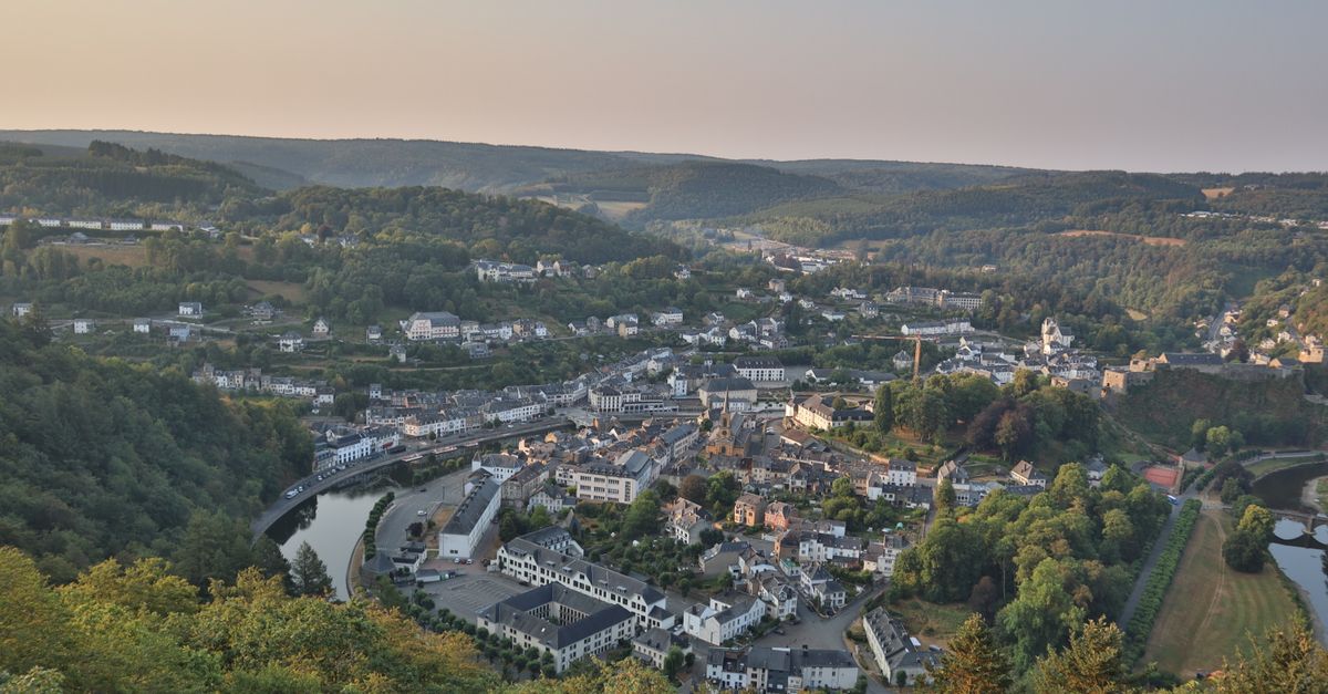 Explore the stunning aerial vista of Bouillon, Belgium, captured at daybreak.