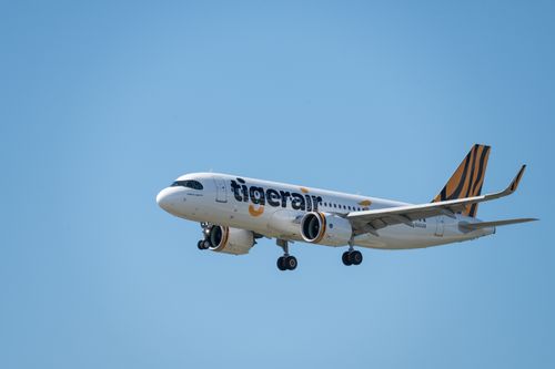 Free A Tigerair Airbus A320 captured mid-flight against a bright blue sky, showcasing aviation travel. Stock Photo