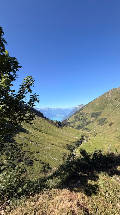 Free Captivating landscape of the Swiss Alps, showcasing lush valleys and distant mountains under a clear blue sky. Stock Photo