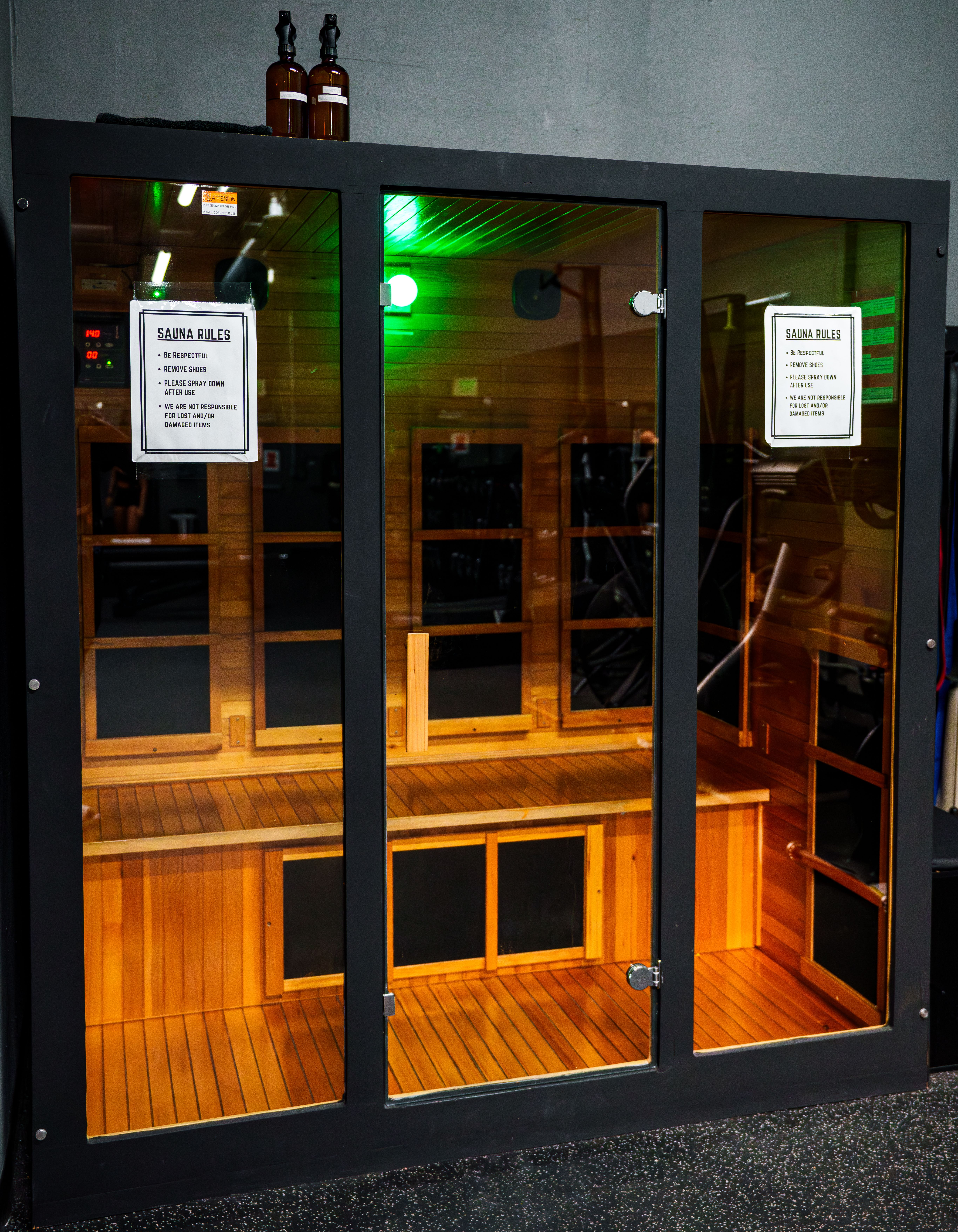 A contemporary infrared sauna at a gym in Garden Grove, California offers therapeutic benefits.