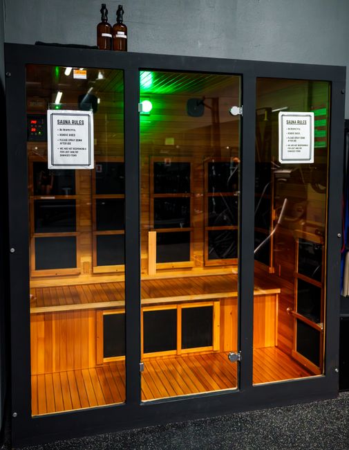 A contemporary infrared sauna at a gym in Garden Grove, California offers therapeutic benefits. A contemporary infrared sauna at a gym in Garden Grove, California offers therapeutic benefits.