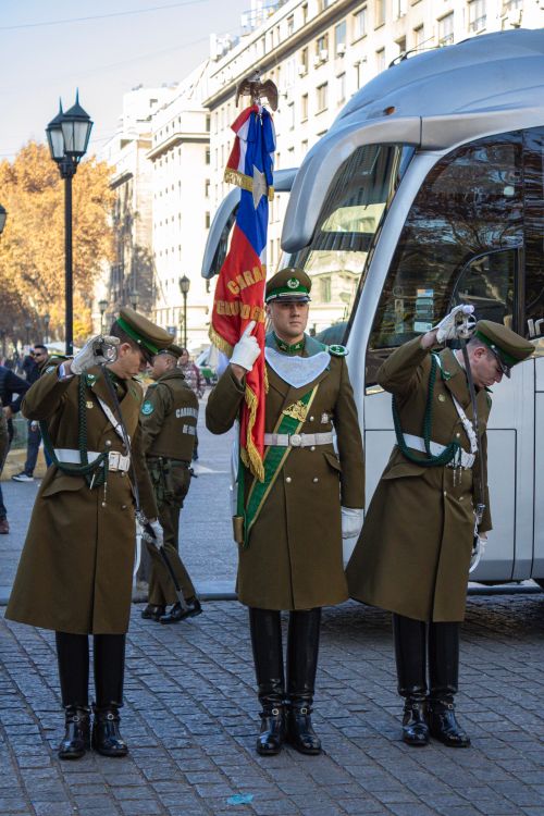 Free Chilean Carabineros in ceremonial uniform participate in a military parade in Santiago, Chile. Stock Photo