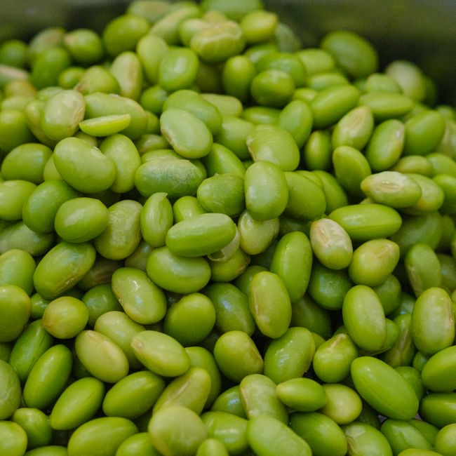 Fresh green edamame beans filling the entire frame as primary subject