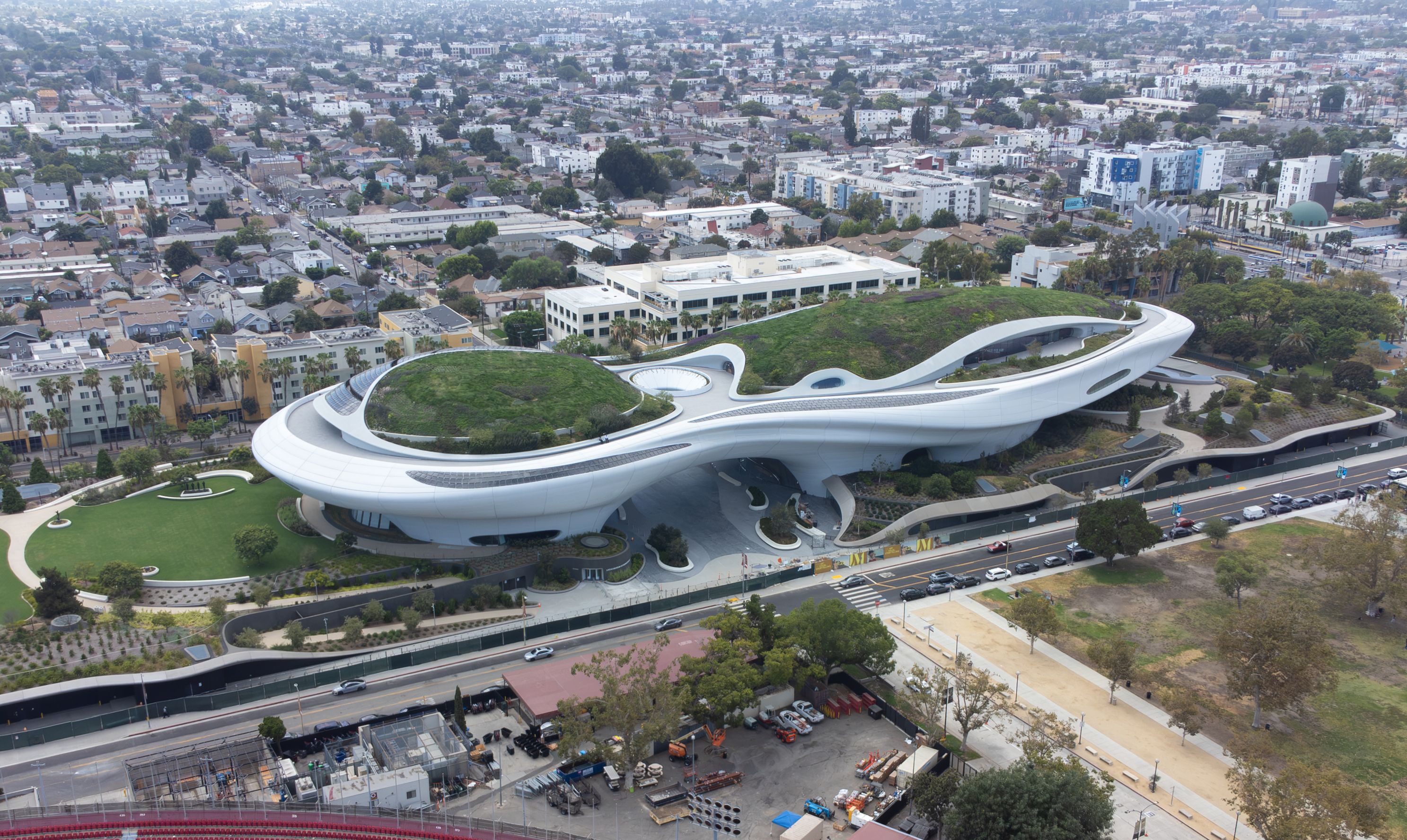 Aerial view of the futuristic Lucas Museum of Narrative Art in Los Angeles.