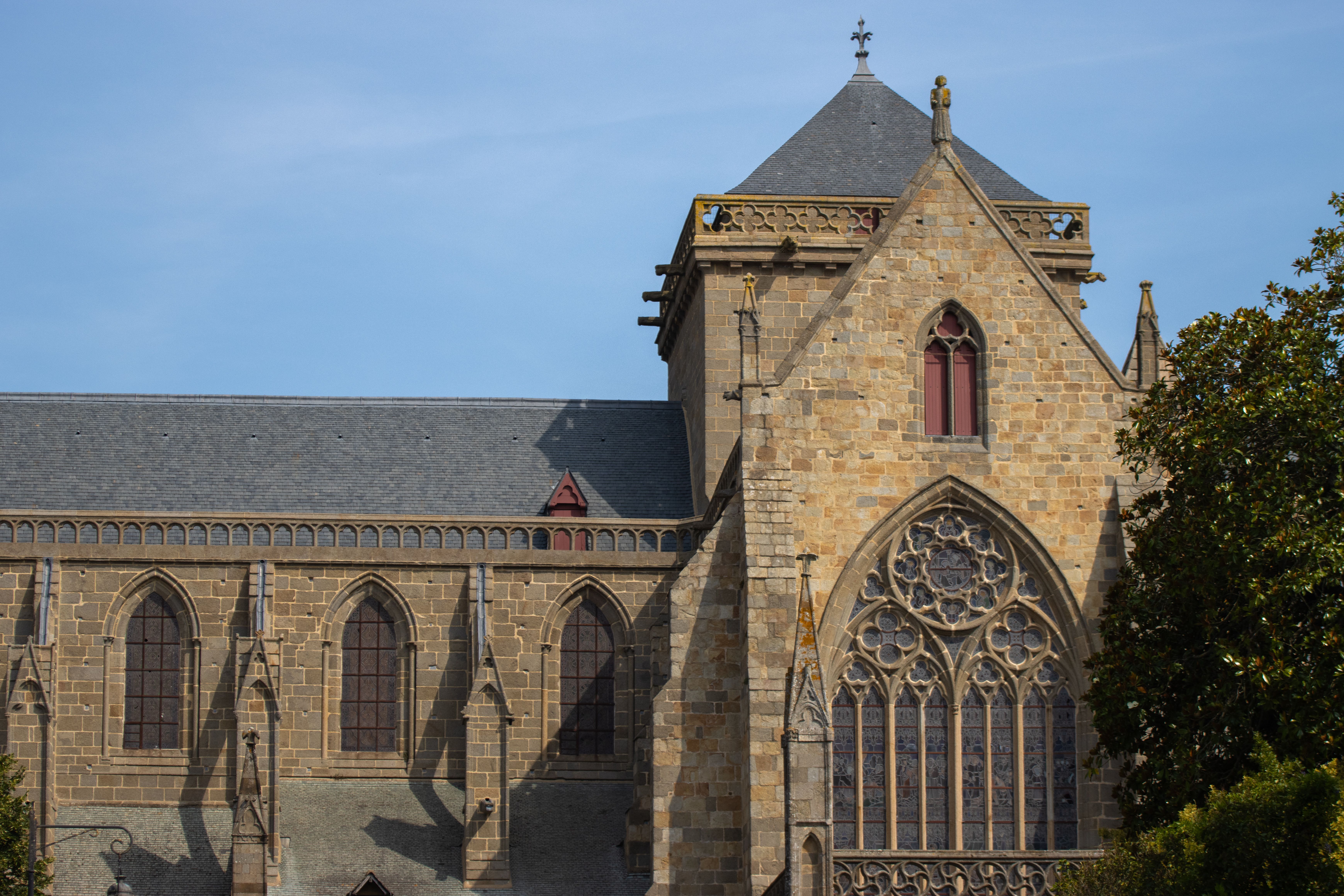 A stunning view of the Gothic architecture of Dol Cathedral in Dol-de-Bretagne, Brittany, France.
