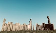 Natural wooden fence of rounded tree trunks with shabby surface and cracks on grass meadow under cloudless sky in daylight in countryside