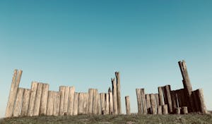 Natural wooden fence of rounded tree trunks with shabby surface and cracks on grass meadow under cloudless sky in daylight in countryside