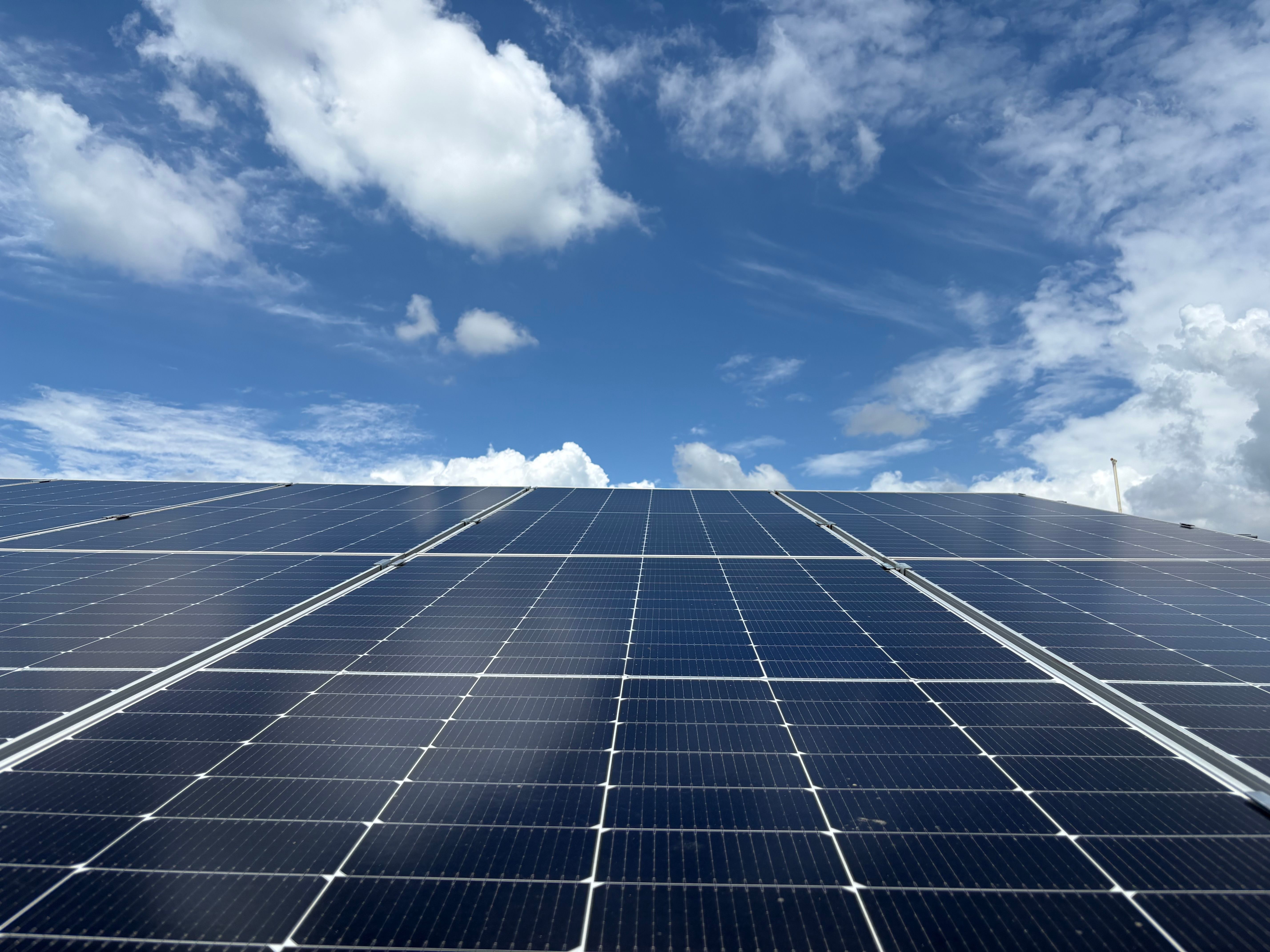 Rows of solar panels under a clear blue sky in Dehradun, India