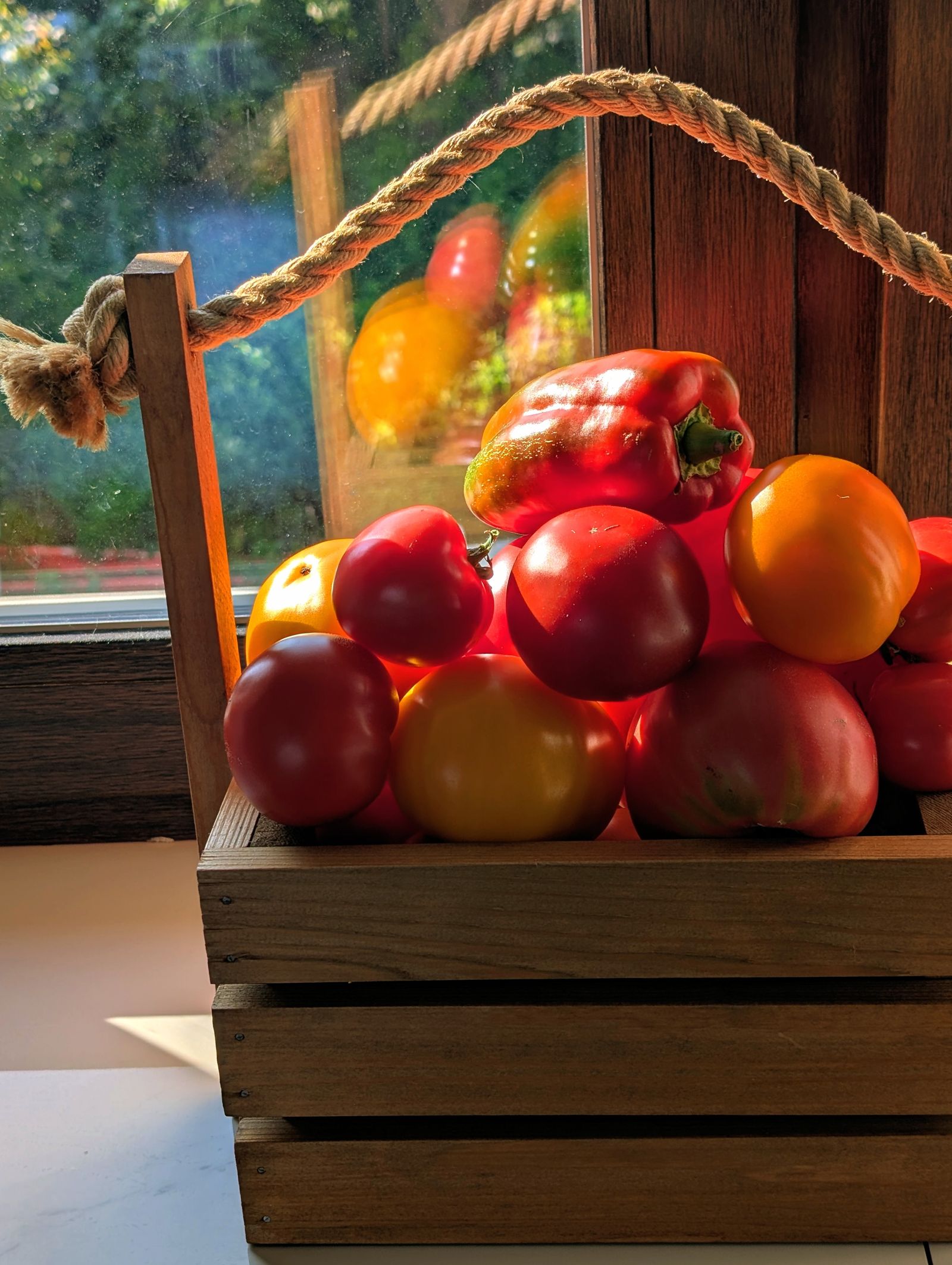 Fresh tomatoes and peppers in a wooden crate