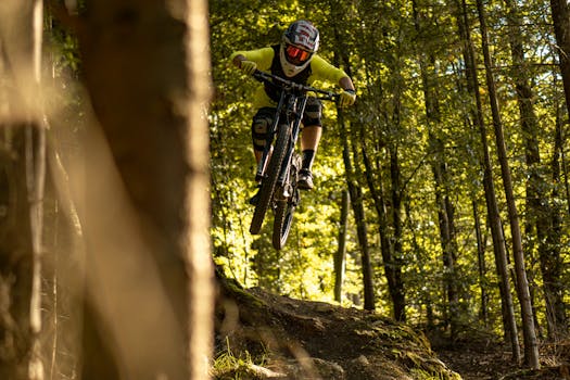 Dynamic shot of a mountain biker jumping on a forest trail in Heidenheim an der Brenz, Germany.