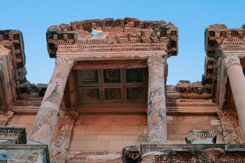 Free Detailed view of the ancient Roman architecture at Ephesus, Turkey with intricate carvings. Stock Photo