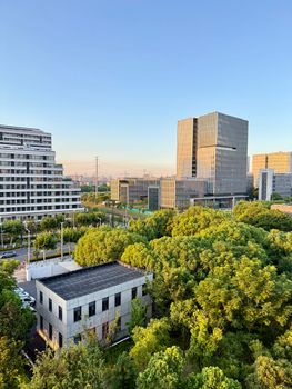 Aerial view of Shanghai's contemporary buildings surrounded by vibrant green trees under a clear blue sky.