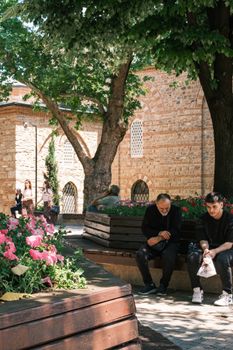 A sunny day scene with people sitting on benches in a park surrounded by vibrant flowers.
