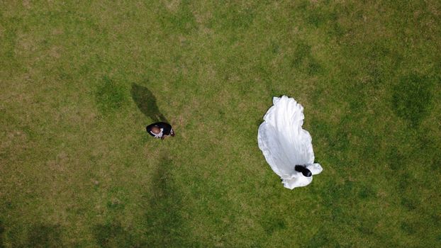 Aerial shot of a bride and groom on green grass, showing wedding dress and suit.