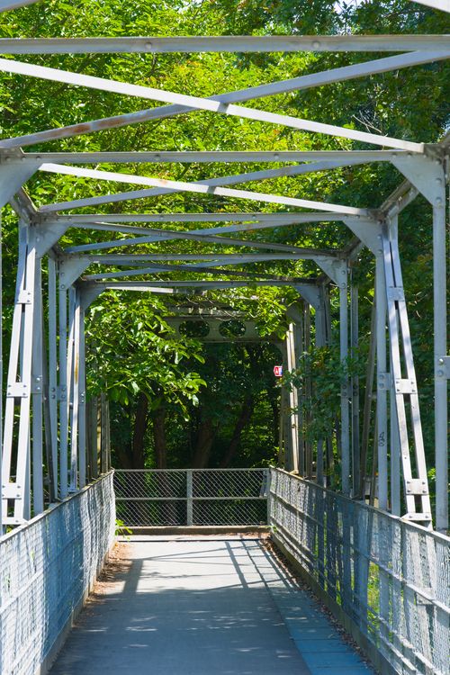 Free A scenic view of a metal bridge enveloped by lush green foliage on a sunny day. Stock Photo
