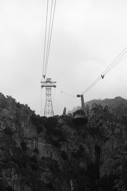 Grayscale Photo of Cable Car