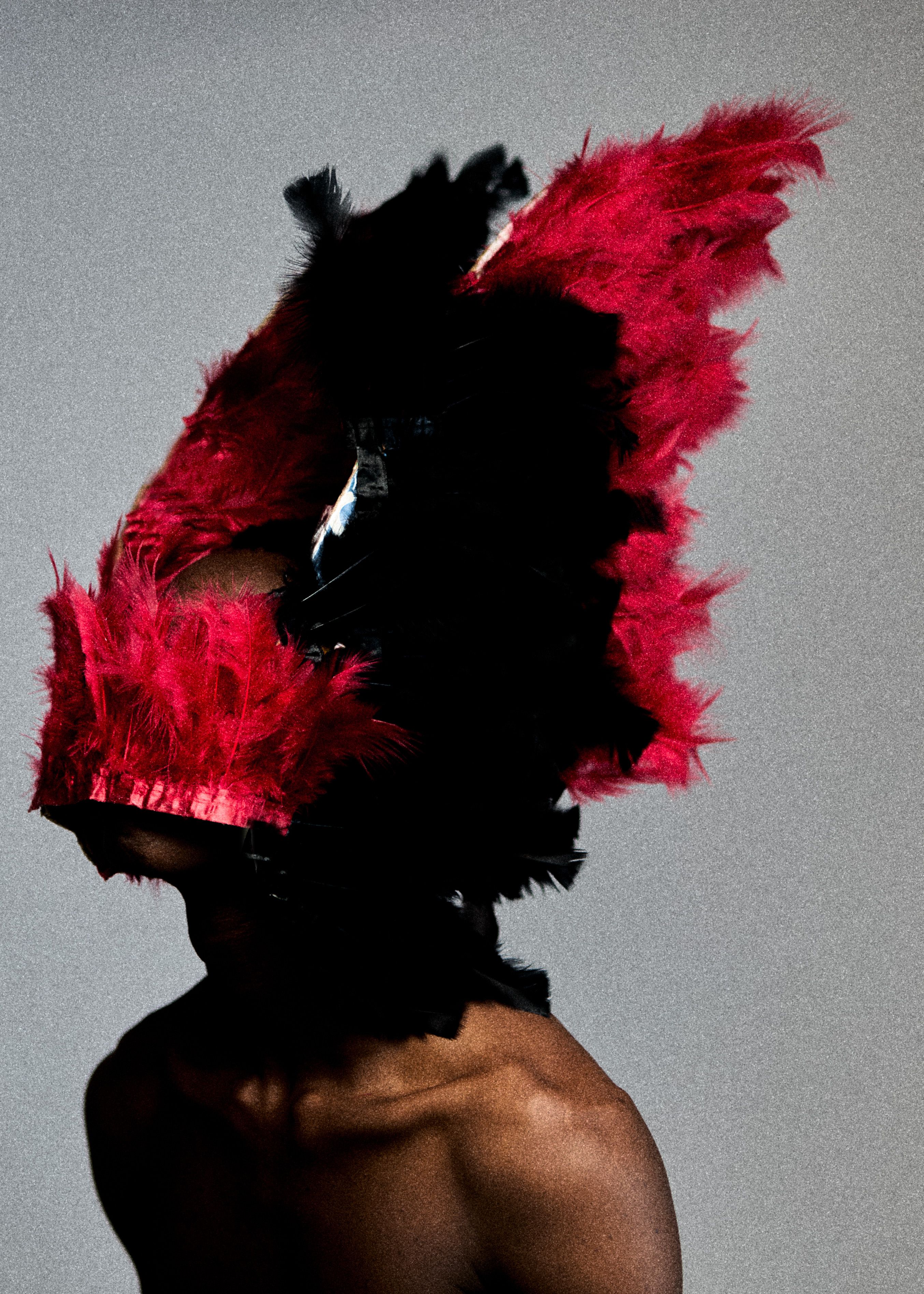Stunning artistic portrait of an adult with a vibrant feathered headdress.