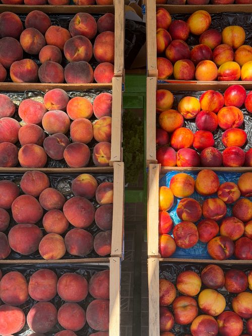 Free Top view of ripe peaches at a local market in Skopelos, Greece. Vibrant summer produce. Stock Photo