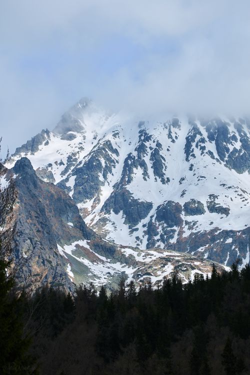 Free Breathtaking view of a snow-covered mountain peak partially shrouded in mist against a clear sky. Stock Photo
