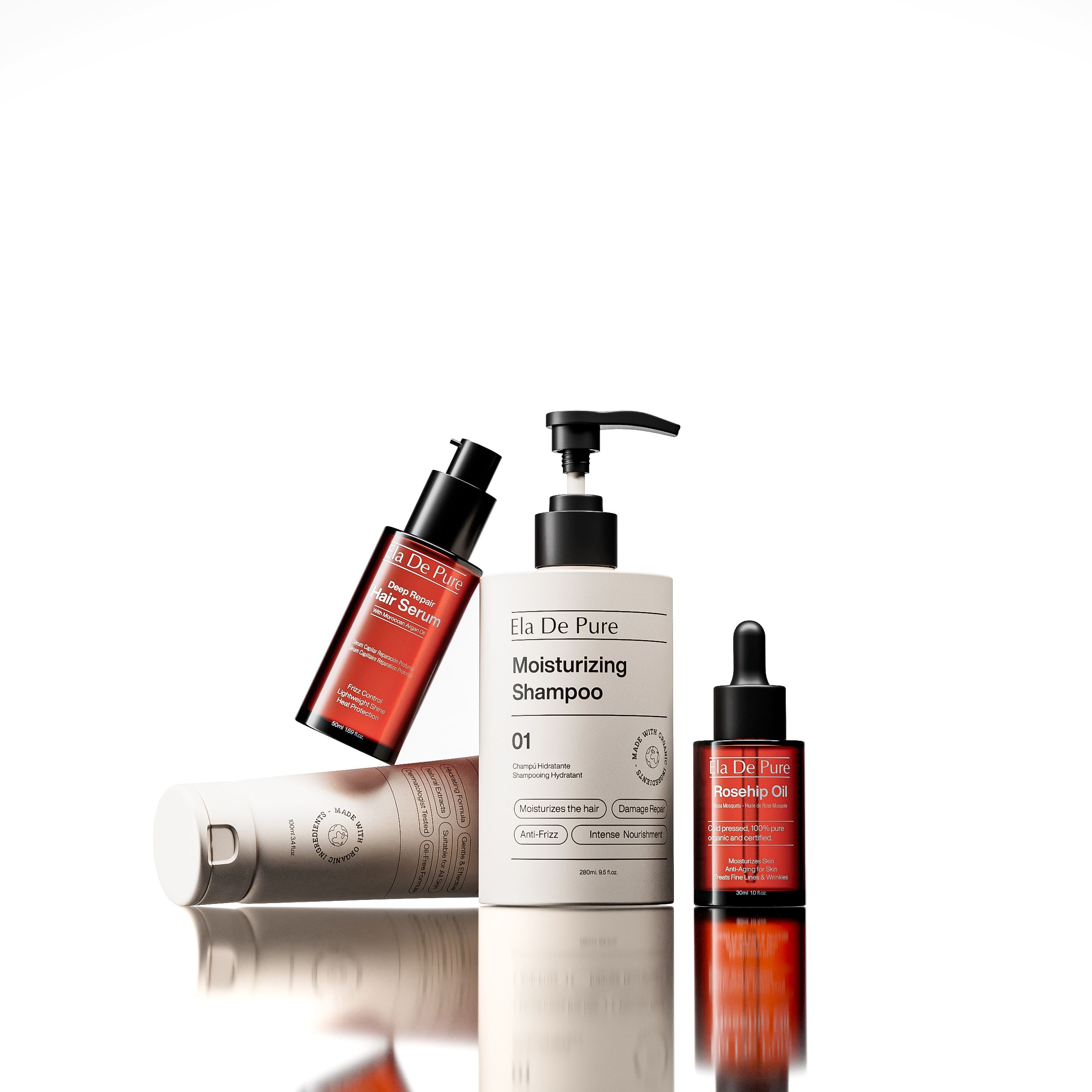Sleek product photography showcasing luxurious hair and skincare items with premium packaging and neutral tones.