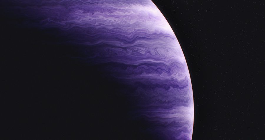 A purple gas giant planet with swirling clouds against a starry backdrop