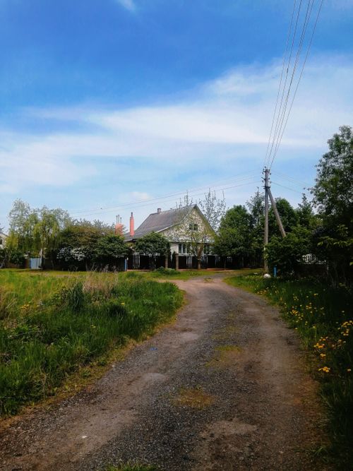 Free A scenic view of a countryside road leading to a rustic cottage in lush summer greenery. Stock Photo