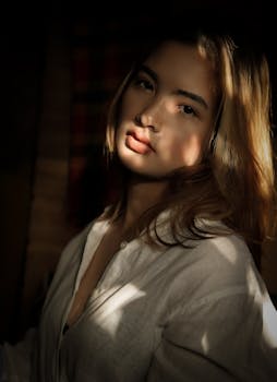 一幅年轻女子喜怒无常的肖像，在柔和的自然光与皮影戏中呈现