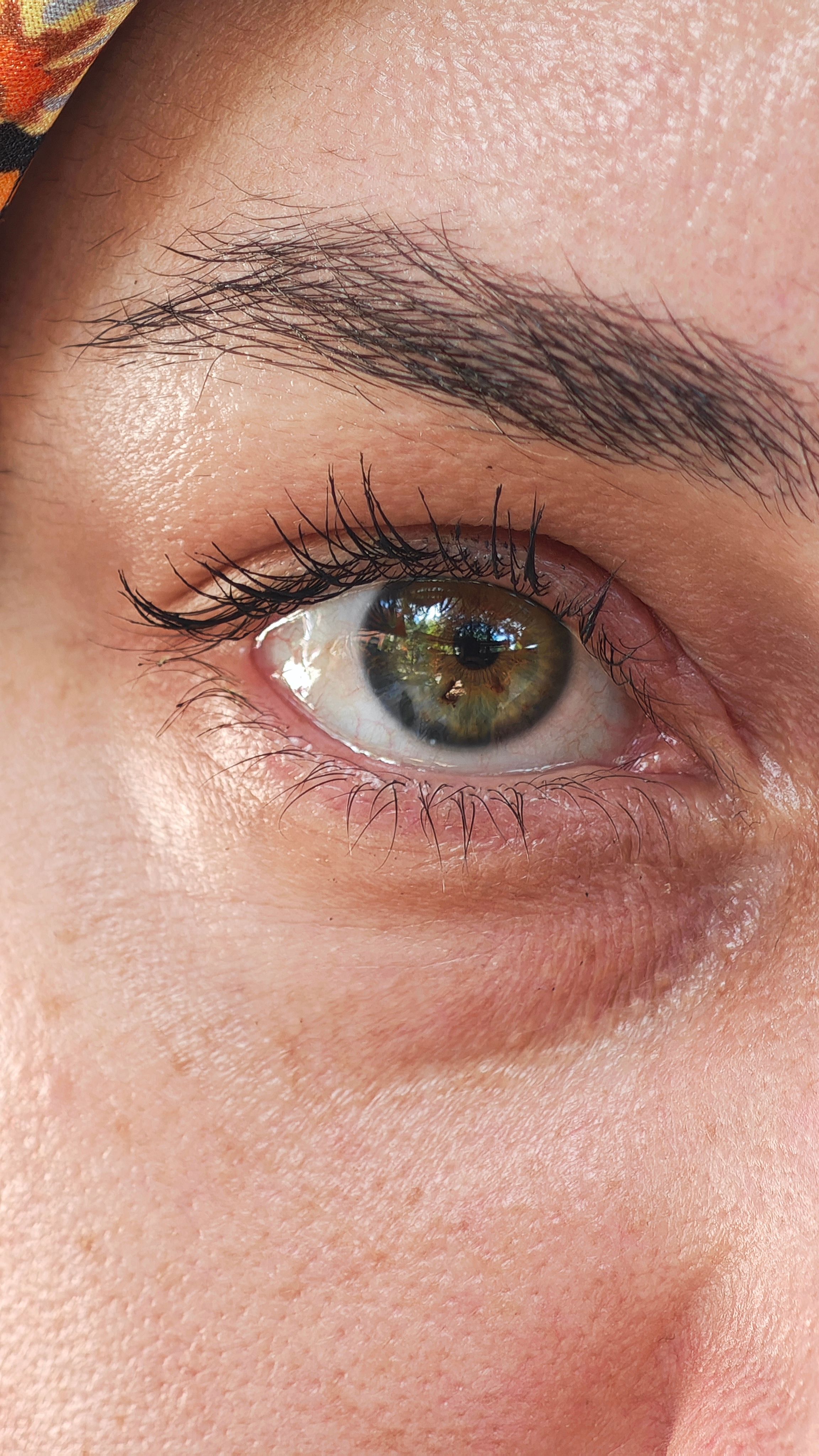 Detailed close-up of a human eye, capturing the iris and reflections within, emphasizing eye color and texture.