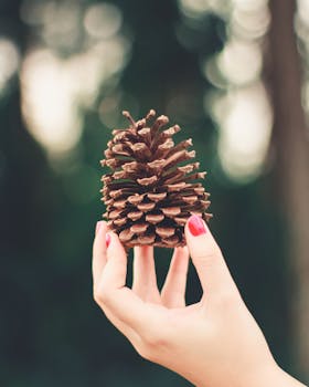 A person's hand holds a brown pine cone against a softly blurred natural background.