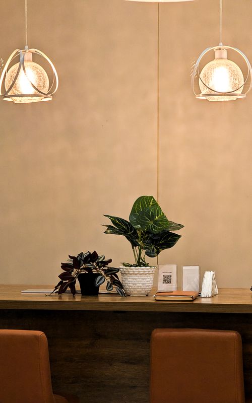 Free Contemporary office desk with plants and elegant lighting for an inviting workspace. Stock Photo