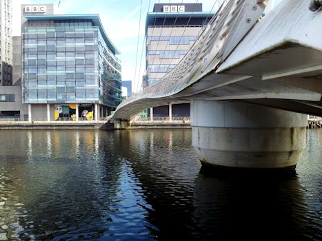 索尔福德码头位于曼彻斯特城市海滨，拥有现代建筑和桥梁景观