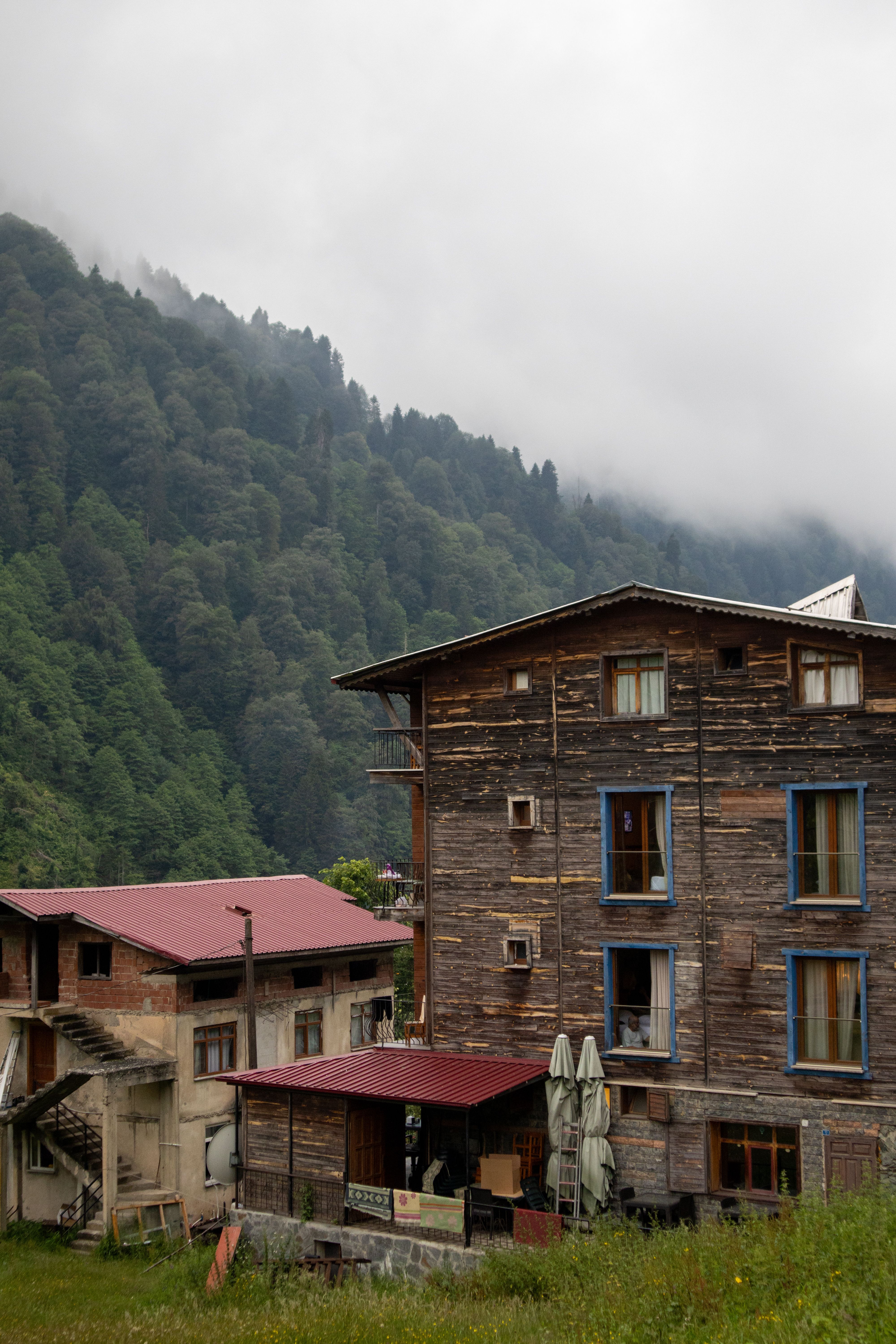 Scenic view of rustic wooden houses surrounded by lush fog-covered mountains in Rize, Türkiye.