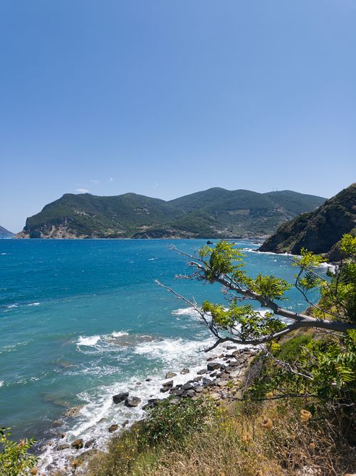 Free Stunning view of Skopelos' turquoise waters and lush hills under a clear blue sky. Stock Photo