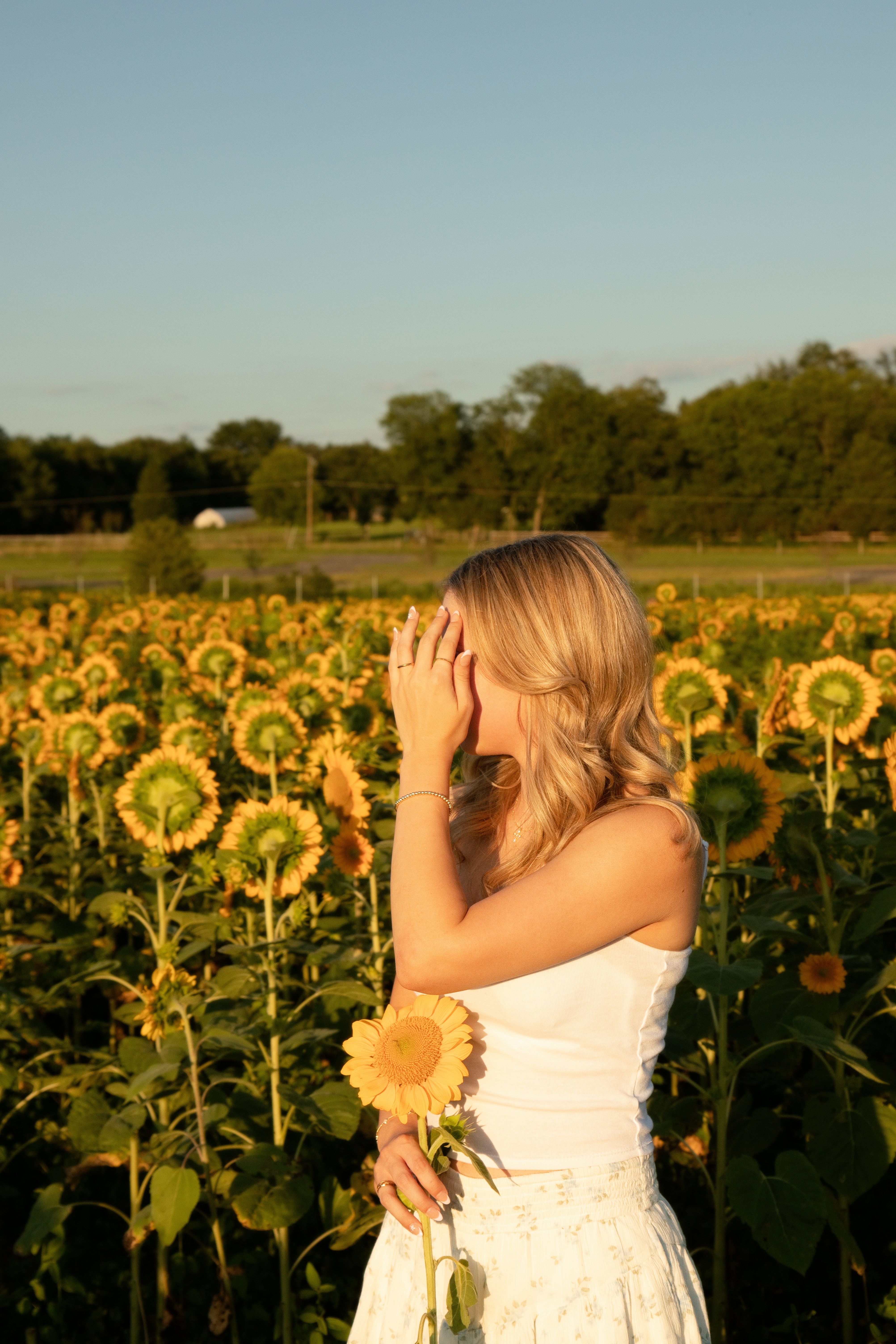 Young woman in a field of sunflowers under the warm glow of a setting sun, embracing the beauty of nature.