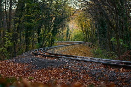Free Serene view of a curved railway track surrounded by colorful autumn trees. Stock Photo