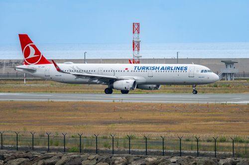 Free Turkish Airlines Airbus A321 preparing for takeoff at Rize Artvin Airport. Stock Photo