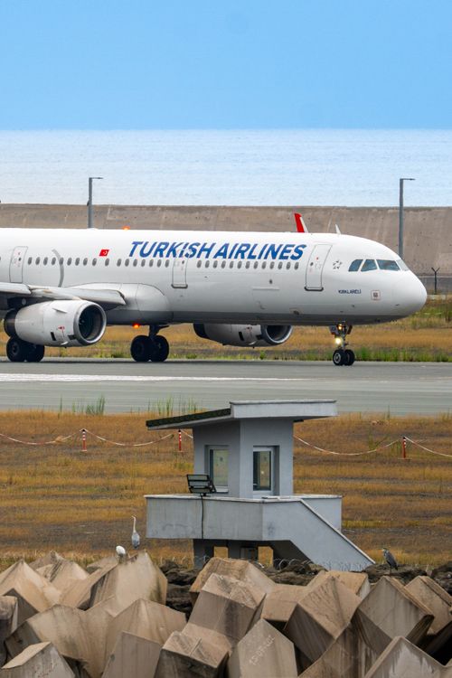 Free Turkish Airlines Airbus A321 on the runway at Rize Airport with the Black Sea in the backdrop. Stock Photo