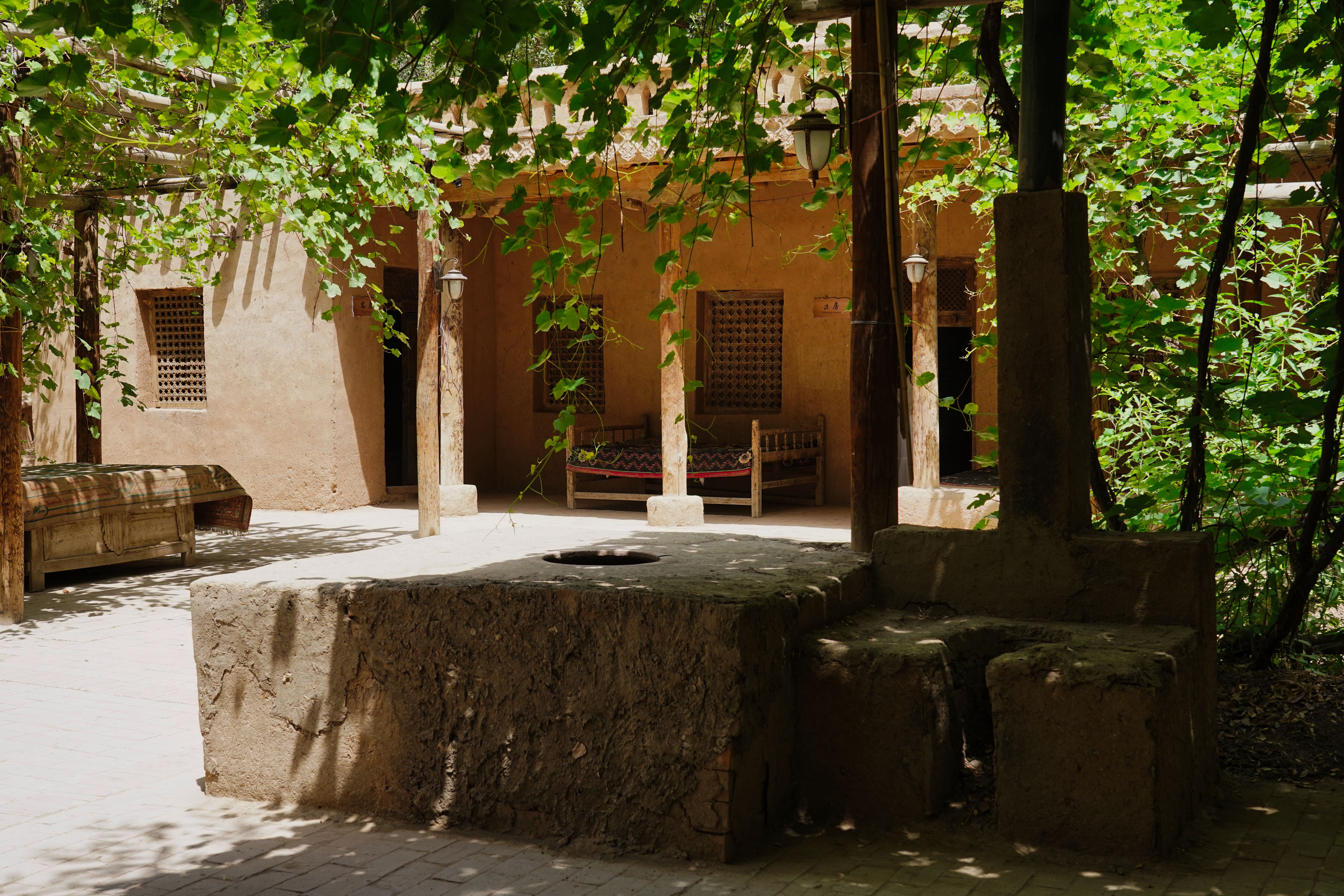 Chinese rural courtyard with covered bird cages, local notices, and officials inspecting an abandoned fighting arena