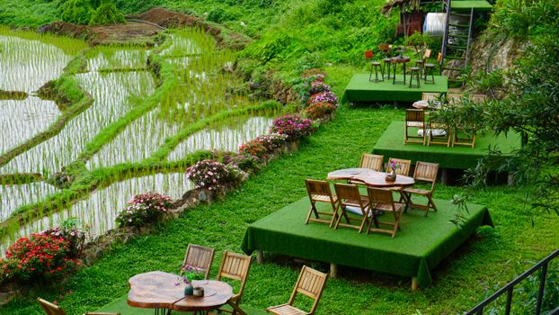 Relax at a terrace cafe in Pu Luong, Vietnam, with views of lush rice terraces.