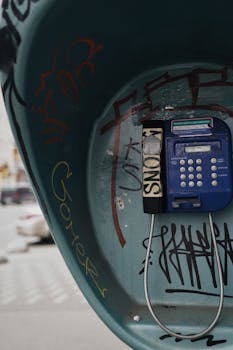 Urban payphone booth with colorful graffiti in Kyiv city street.