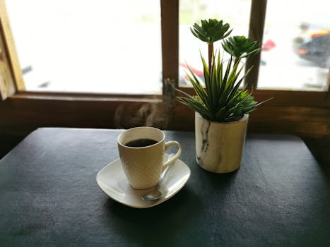 阳光明媚的日子里，一杯新鲜冲泡的热咖啡放在窗户附近的桌子上，旁边还摆着一盆多肉植物