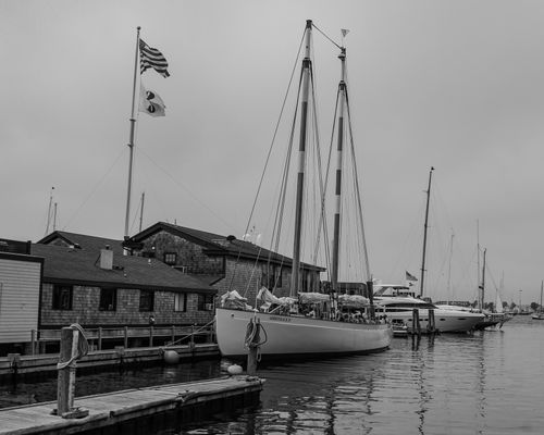Free A serene black and white photo of a harbor with moored sailboats and a cloudy sky. Stock Photo