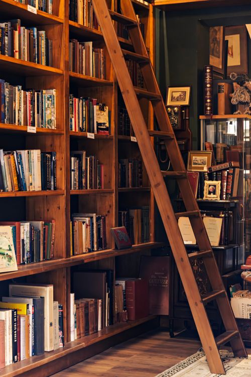 Free A vintage library scene featuring wooden shelves filled with books and a ladder for access. Stock Photo