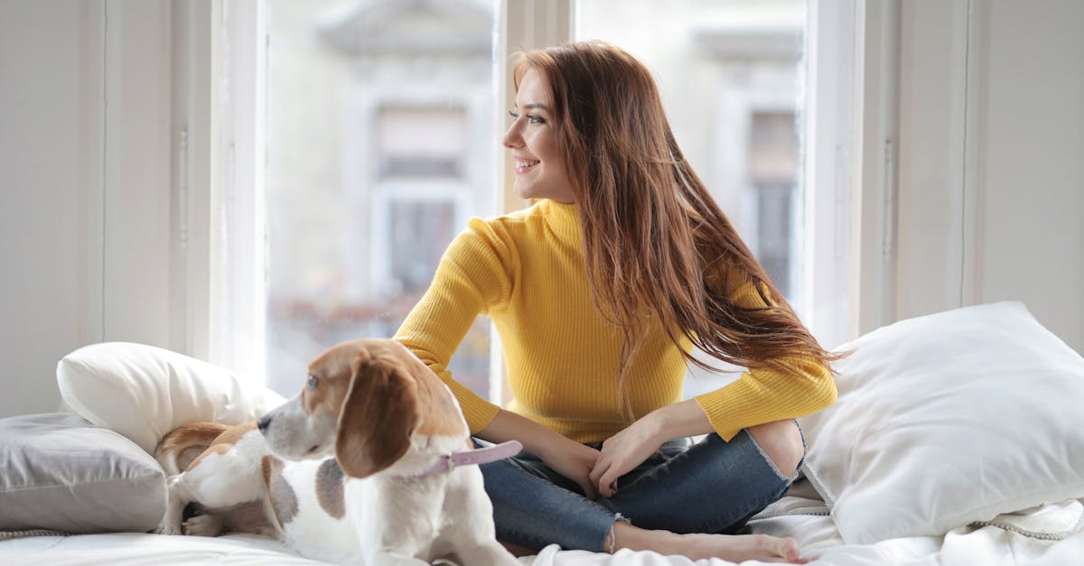 Cheerful young lady sitting on bed with dog and looking away in light modern apartment