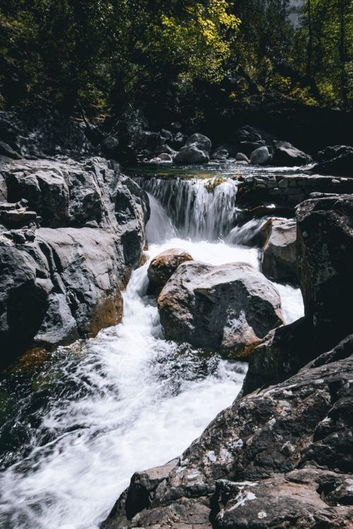 Free Captivating view of a small waterfall cascading over rocks in a lush forest setting. Stock Photo