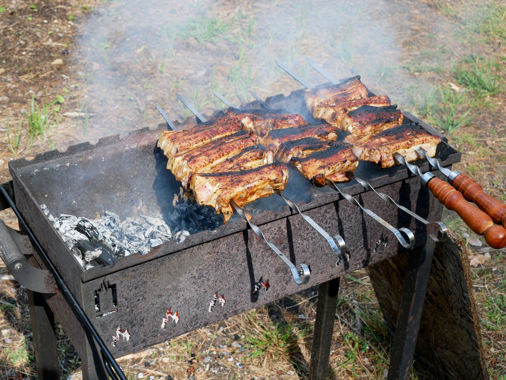 Charcoal grilled lamb served with mustard and onions