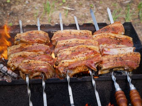 Juicy seasoned pork ribs grilling over an open flame on skewers outdoors, capturing the essence of a summer barbecue.