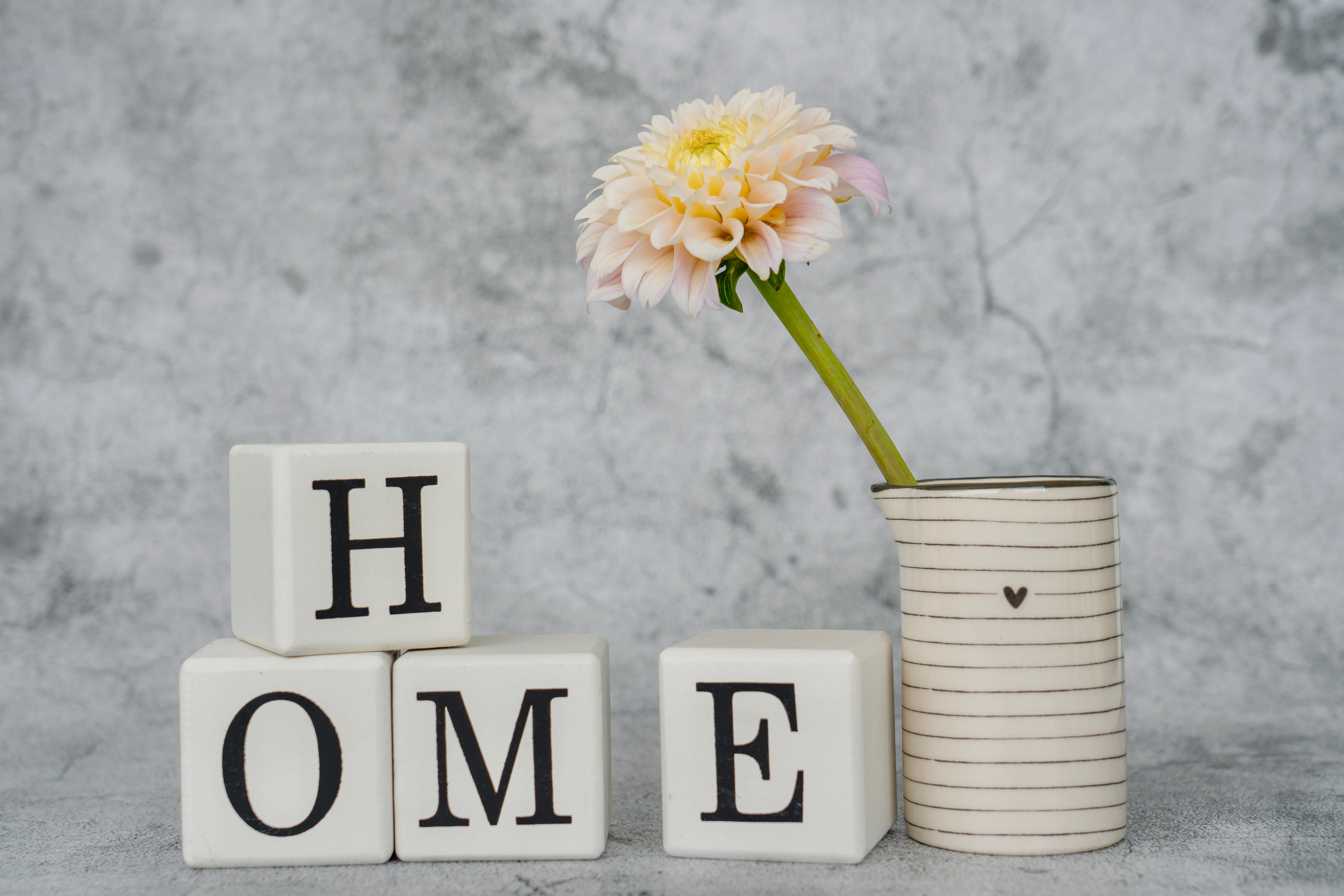 Charming home decor featuring letter blocks spelling 'HOME' with a flower in a striped vase.