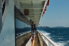 A stunning view from a ship deck sailing in Istanbul with picturesque blue ocean waves.