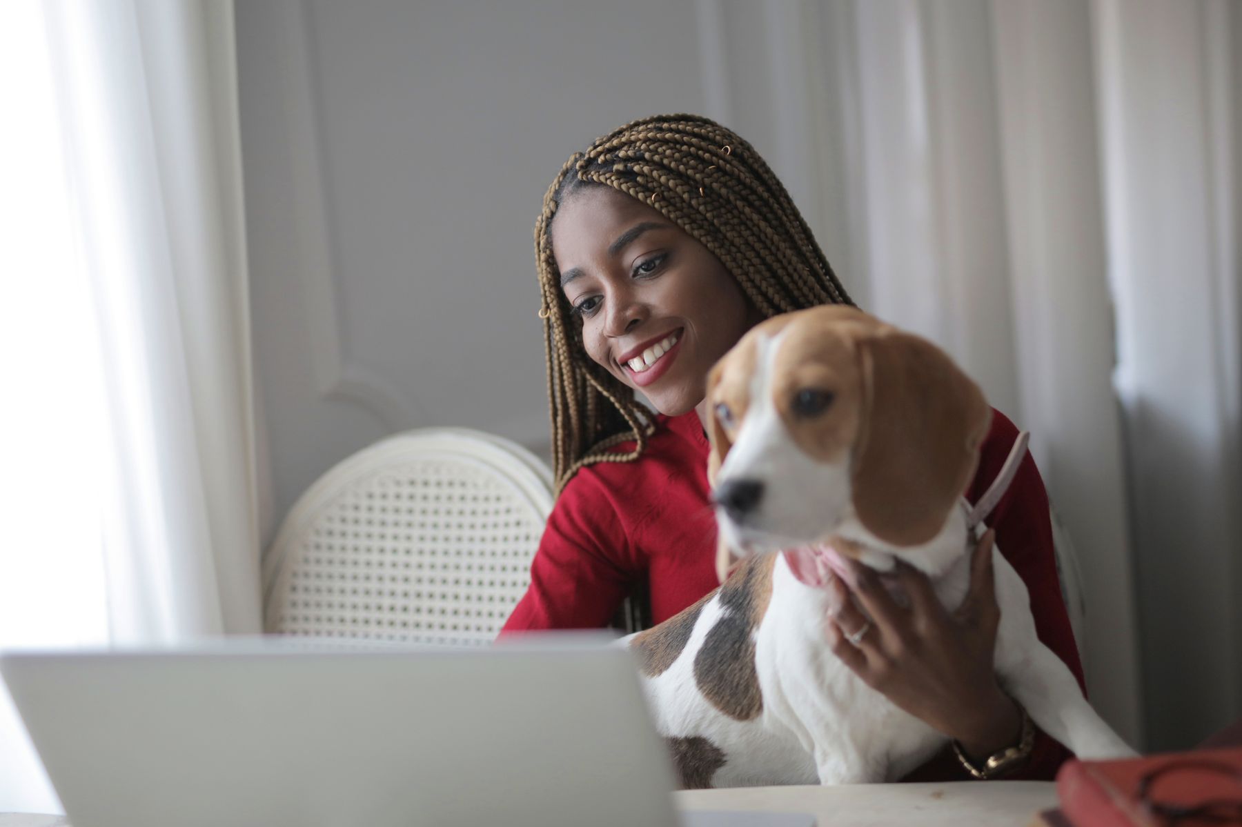 A woman at her laptop holding her small dog